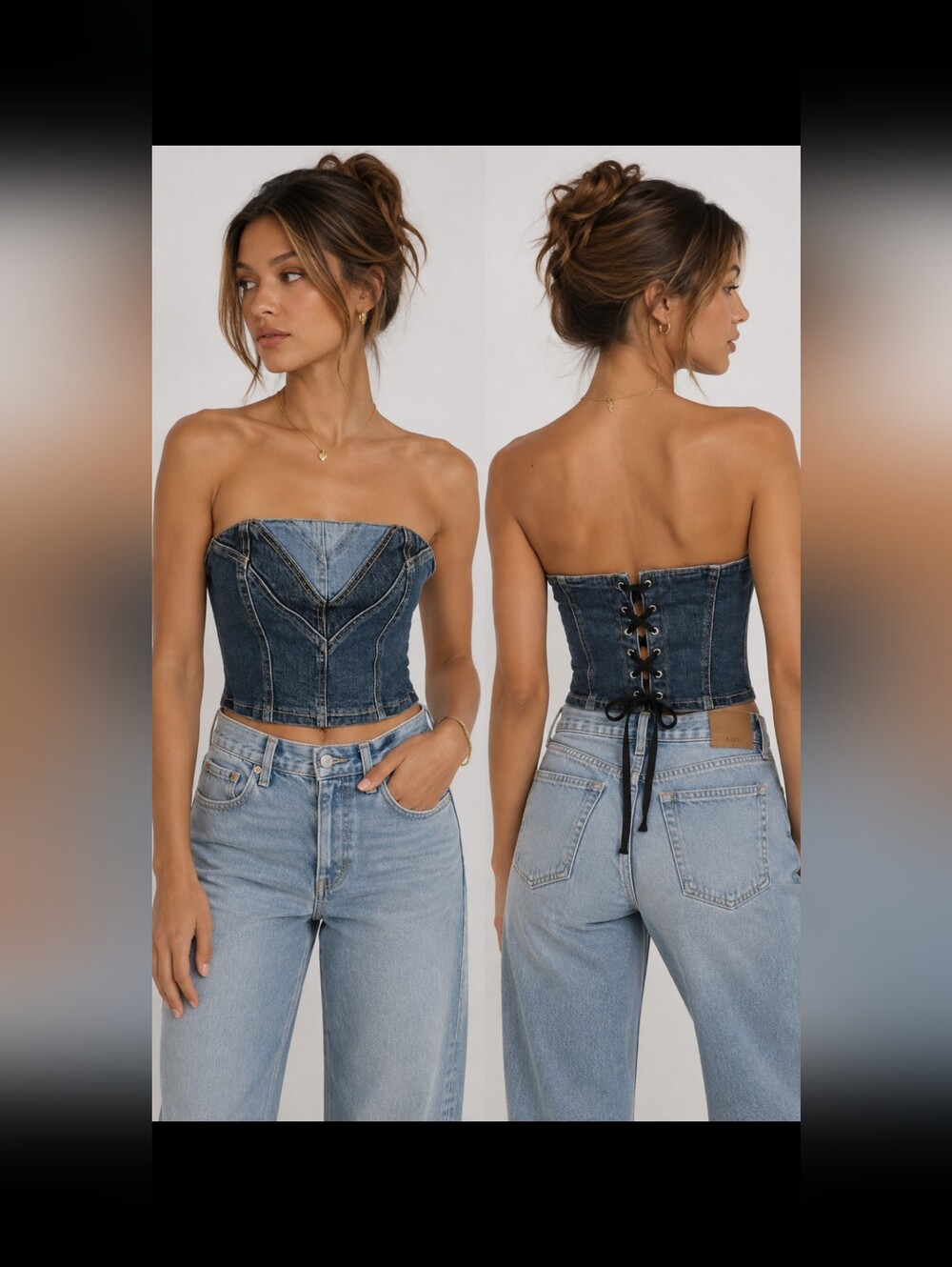 Revice Strapless Lace Up Backside Corset Light & Dark Tone Denim Top Size Small